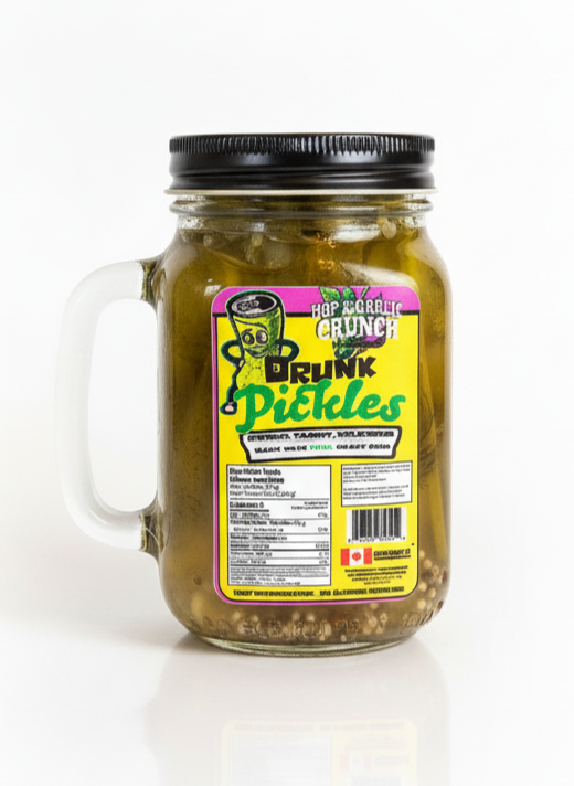 Jar of pickles with a label on a white background