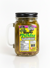 Jar of pickles with a label on a white background