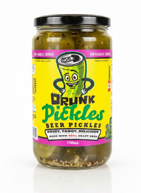 Jar of 'Drunk Pickles' beer pickles on a white background