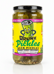 Jar of 'Drunk Pickles' beer pickles on a white background